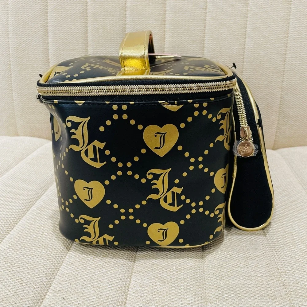 NEW Juicy Couture Black Gold Monogram Train Case Makeup Bag 2pc‎ Set Rhinestone